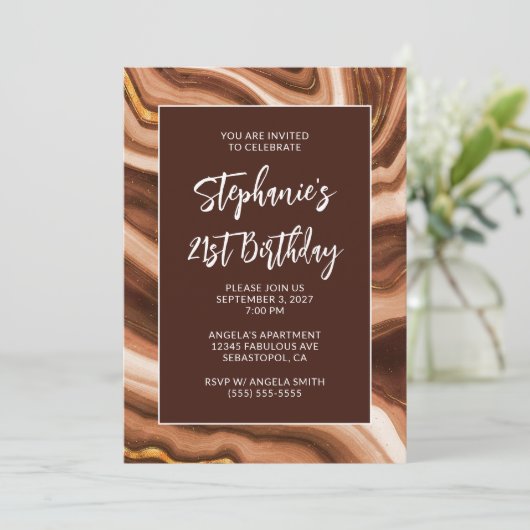 Golden Brown Faux Agate Bold 21st Birthday 招待状 (スタンド正面)