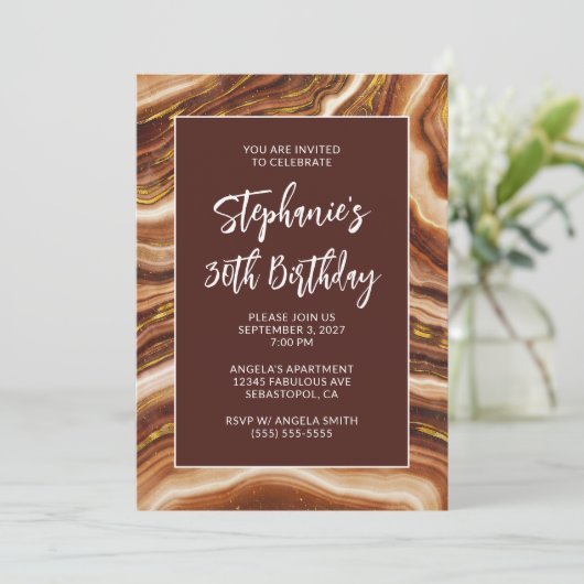 Golden Brown Faux Agate Bold 30th Birthday 招待状 (スタンド正面)