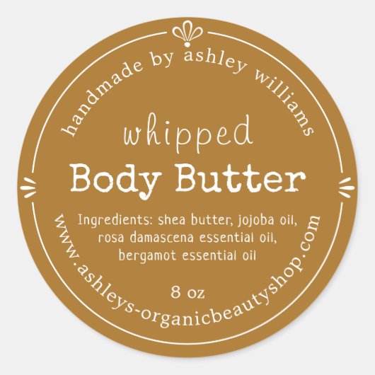 Golden Brown Script Handmade Body Butter Label ラウンドシール (正面)