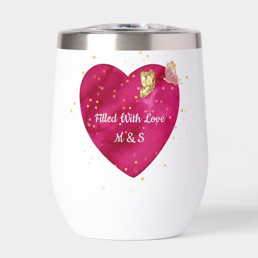 Golden Butterfly Pink Heart Valentine Wine Tumbler (正面)