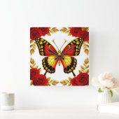 Golden Butterfly With Red Roses And Golden Leaves スクエア壁時計 (ホーム)