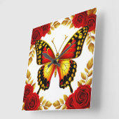 Golden Butterfly With Red Roses And Golden Leaves スクエア壁時計 (傾斜)