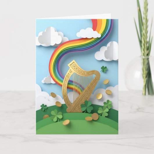 Golden Celtic Harp Rainbow Papercraft St Patricks カード (正面)