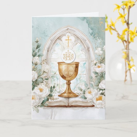 Golden Chalice & White Roses Priest Birthday カード (黄色い花)