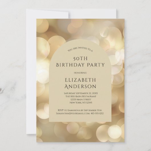 Golden Champagne Bokeh Arch 50th Birthday 招待状 (正面)