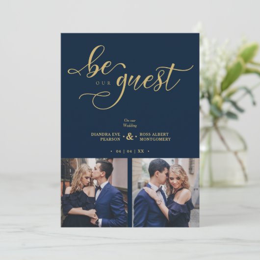 Golden Charm Navy Blue Romantic Wedding 招待状 (スタンド正面)