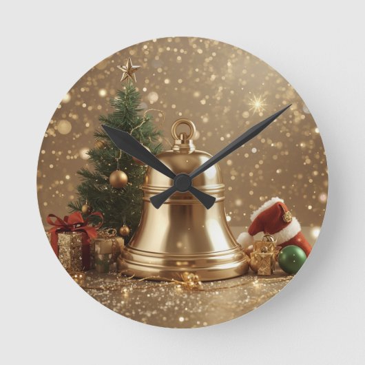 Golden Christmas Bell Wall Clock – Festive Holiday ラウンド壁時計 (正面)