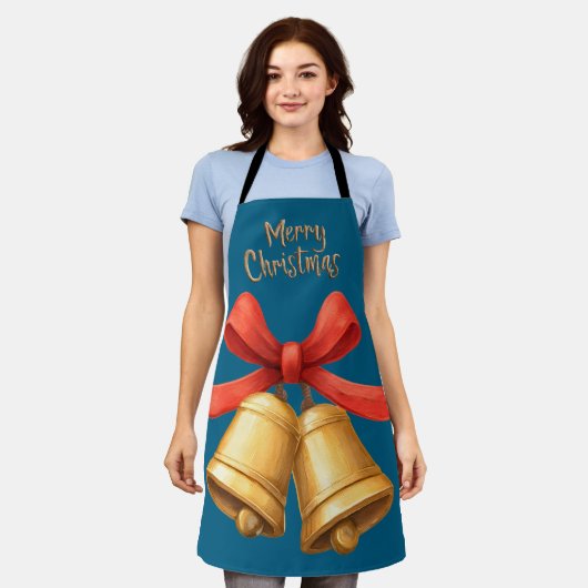 Golden Christmas Bells Blue Holiday Apron エプロン (着用した状態)