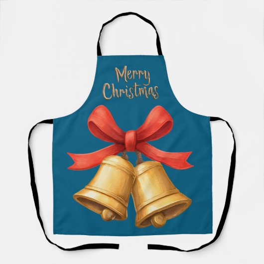 Golden Christmas Bells Blue Holiday Apron エプロン (正面)