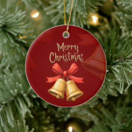 Golden Christmas Bells Red Holiday Art セラミックオーナメント