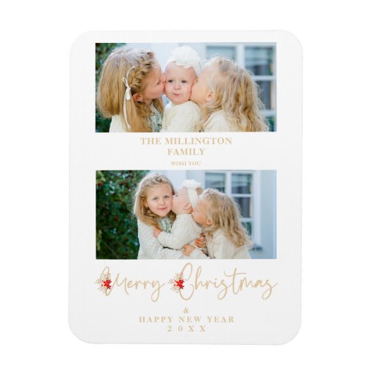 Golden Christmas Effect Botanical Holly 2 Photos マグネット (縦)