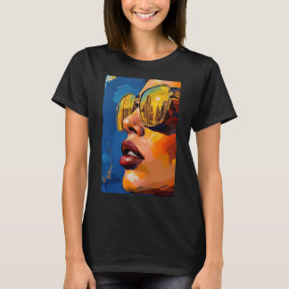 Golden City Lights – Pop Art Woman with Sunglasses Tシャツ