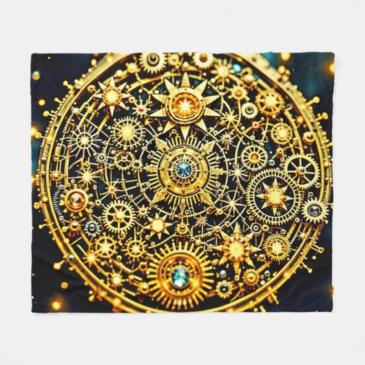 Golden Clockwork Celestial Art フリースブランケット (正面(横))