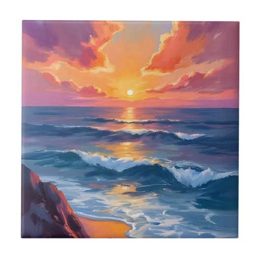 Golden Coast | Ocean Sunset Watercolor Painting タイル (正面)