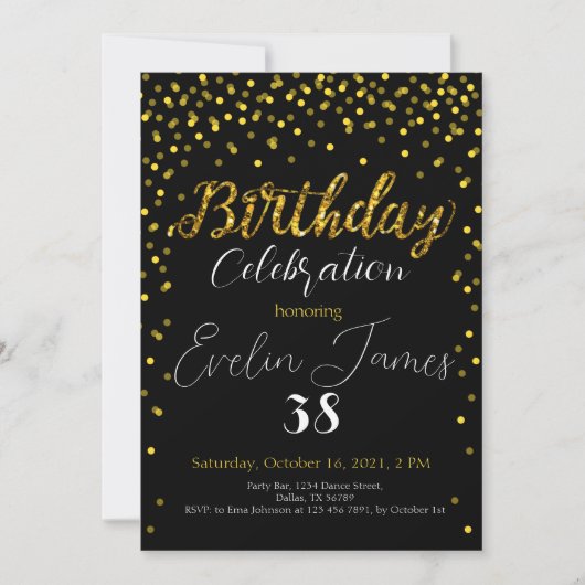 Golden Confetti Invitation, Gold Birthday Party  招待状 (正面)