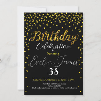 Golden Confetti Invitation, Gold Birthday Party  招待状