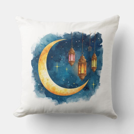 Golden Crescent & Lanterns Ramadan Pillow クッション (正面)