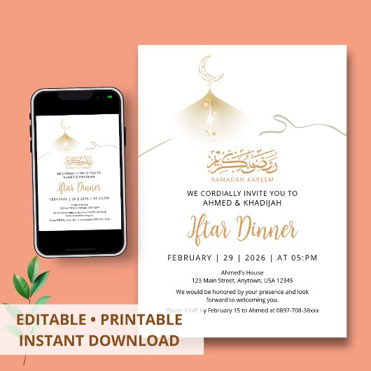 Golden Crescent Moon Glow Ramadan Iftar Invitation 招待状