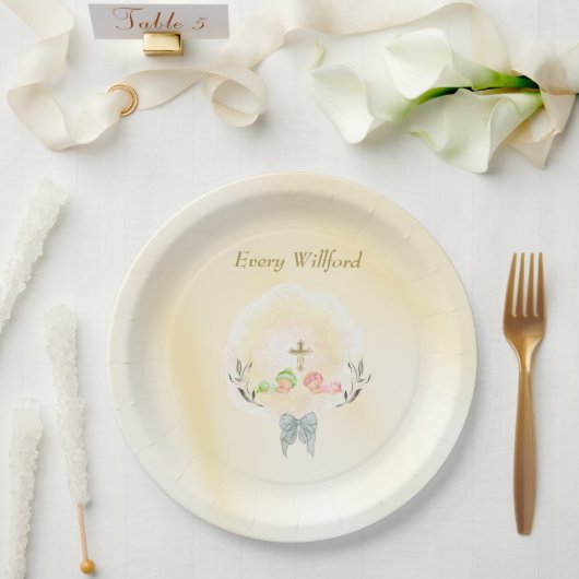 Golden Cross floral baptism paper plates ペーパープレート (ウェディング)