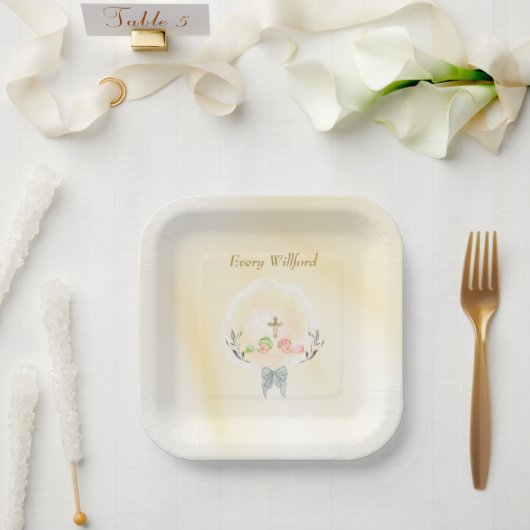 Golden Cross floral baptism paper plates ペーパープレート (ウェディング)