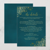 Golden Curls & Swirls on Dark Teal Wedding Details エンクロージャーカード (正面/裏面)
