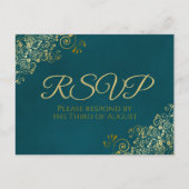Golden Curls & Swirls on Teal Wedding RSVP ポストカード (正面)
