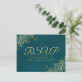 Golden Curls & Swirls on Teal Wedding RSVP ポストカード (スタンド正面)