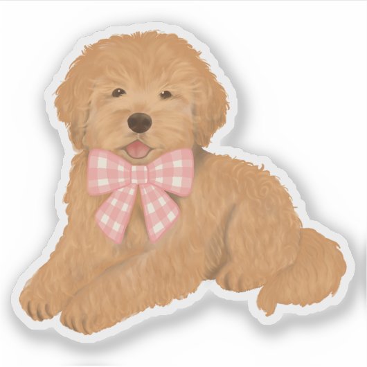 Golden Doodle with Pink Gingham Bow Party Favor シール (正面)