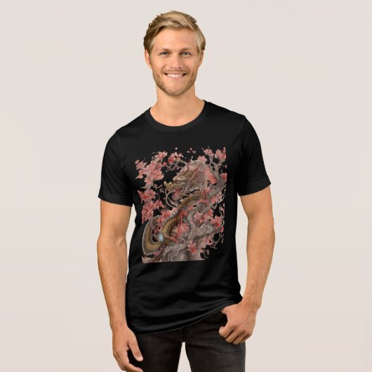 Golden Dragon in Sakura Tree Artwork トライブレンドＴシャツ (正面全面)