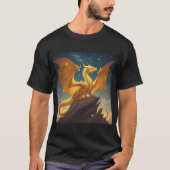 Golden Dragon Perched on a Cliff Under Starry Sky Tシャツ (正面)