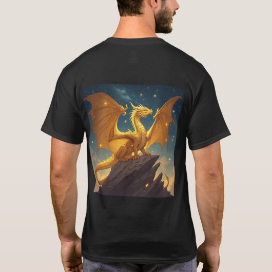 Golden Dragon Perched on a Cliff Under Starry Sky Tシャツ (裏面)