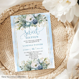 Golden Dusty Blue White Floral Sweet 16 Invitation 招待状