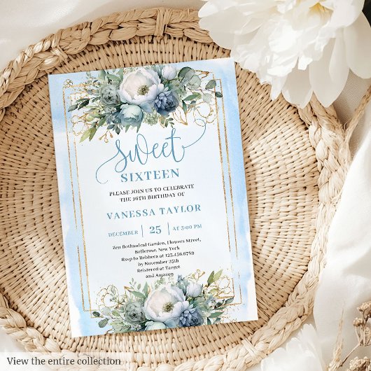 Golden Dusty Blue White Floral Sweet 16 Invitation 招待状