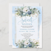 Golden Dusty Blue White Floral Sweet 16 Invitation 招待状 (正面)