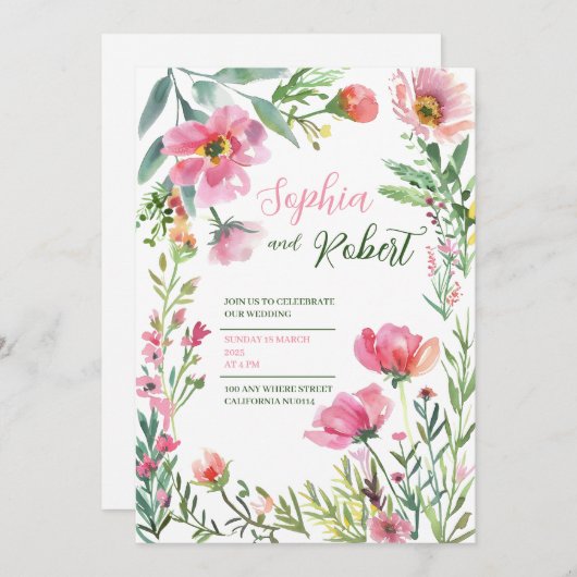 golden Dusty Pink Floral Greenery Wedding Invitati 招待状 (正面/裏面)