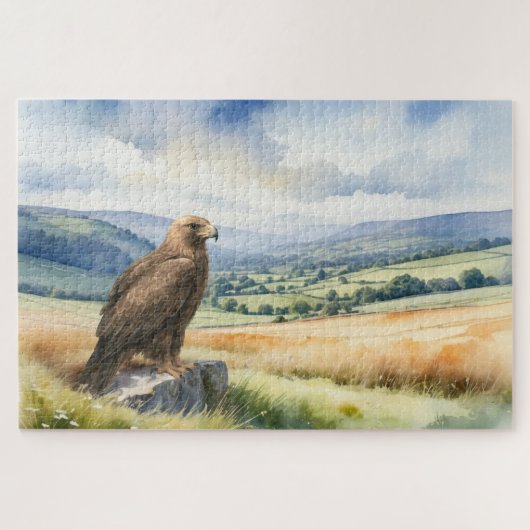 Golden Eagle Bird of Prey Watercolor Landscape ジグソーパズル (横)
