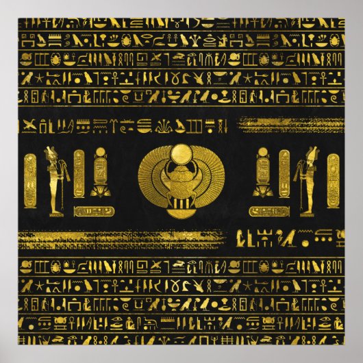 Golden Egyptian Scarab  on black leather ポスター (正面)