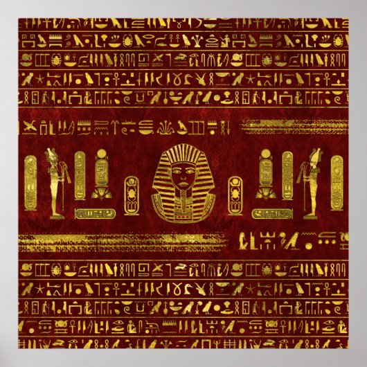 Golden Egyptian Sphinx on red leather ポスター (正面)