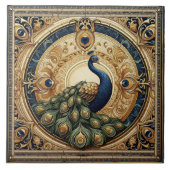 Golden Elegance Majestic Peacock Feather Art Deco タイル (正面)