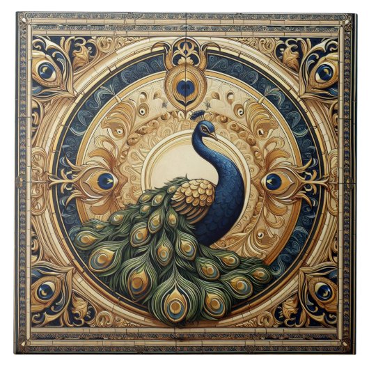 Golden Elegance Majestic Peacock Feather Art Deco タイル (正面)
