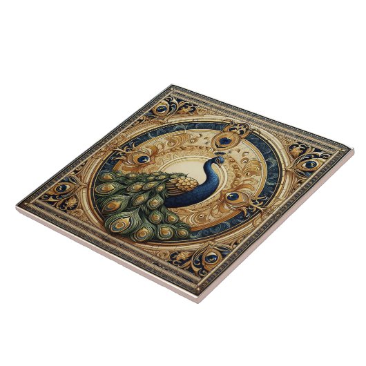 Golden Elegance Majestic Peacock Feather Art Deco タイル (側面)