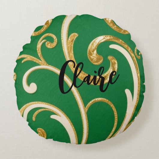 Golden Elegance Moss Green pattern ラウンドクッション (正面)