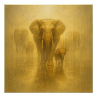 Golden Elephant and Calf in a Misty Mirror Realm – ポスター
