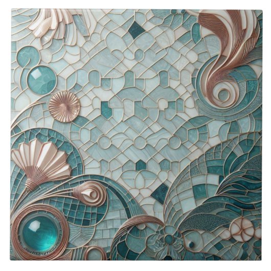 Golden Embellishment Aqua Blue Bubbles Mosaic Cool タイル (正面)