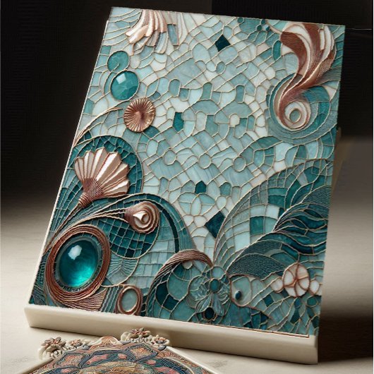 Golden Embellishment Aqua Blue Bubbles Mosaic Cool タイル