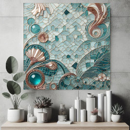 Golden Embellishment Aqua Blue Bubbles Mosaic Cool タイル