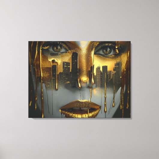 Golden Face Surrealist City Urban Digital Art キャンバスプリント (正面)