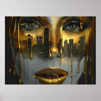 Golden Face Surrealist City Urban Digital Art ポスター