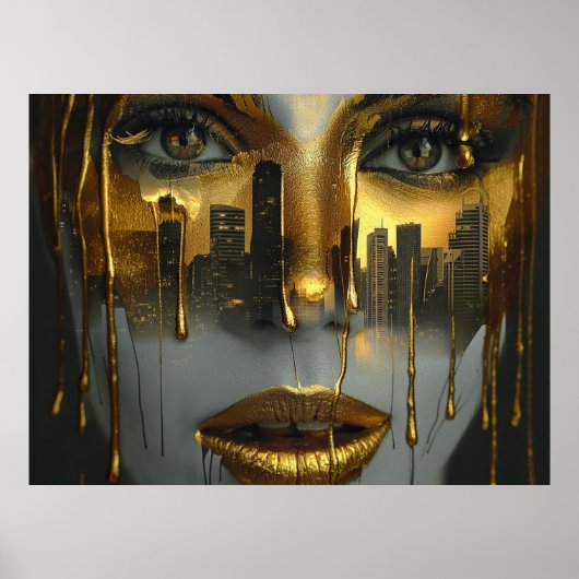 Golden Face Surrealist City Urban Digital Art ポスター (正面)