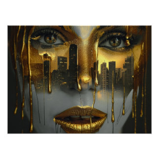 Golden Face Surrealist City Urban Digital Art ポスター